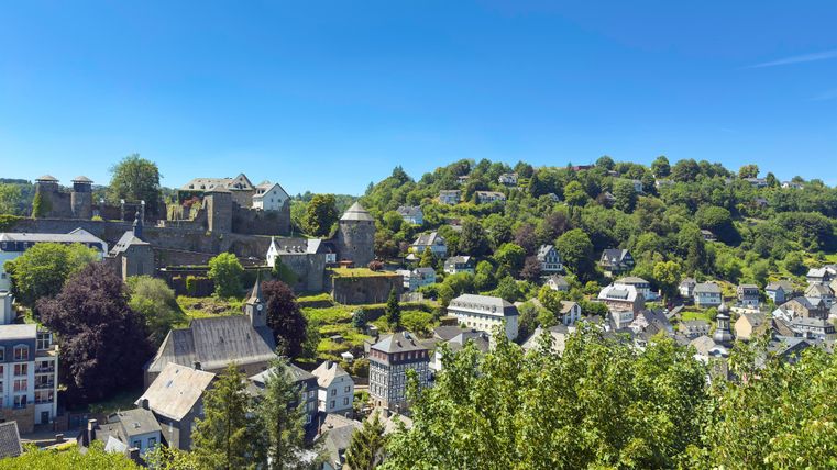 Ein malerisches Dorf mit historischen Gebäuden und üppigem Grün. Im Hintergrund ist eine Burg auf einem Hügel zu sehen.