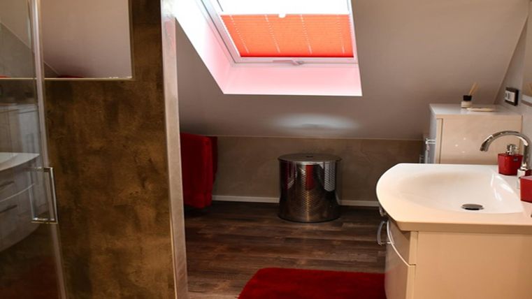 Ein modernes Badezimmer mit einem Fenster unter dem Dach. Es gibt eine Duschkabine, ein Waschbecken und einen roten Teppich.