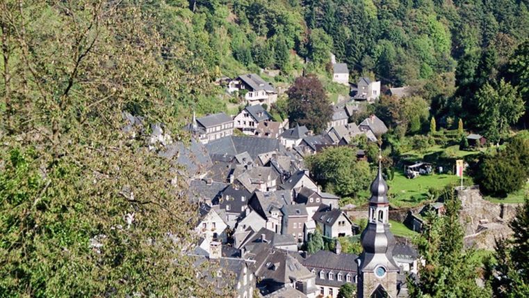 Eine malerische Dorfansicht mit schiefergedeckten Häusern und einer Kirche im Mittelpunkt. Umgeben von vielen Bäumen und üppiger Natur.