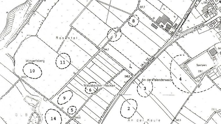 Eine schematische Darstellung eines Gebiets mit nummerierten Feldern und Straßen. Die Karte zeigt verschiedene Landnutzungen und geographische Merkmale.
