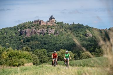 Fahrradfahrer auf dem RurUfer-Radweg mit Burg Nideggen im Hintergrund.