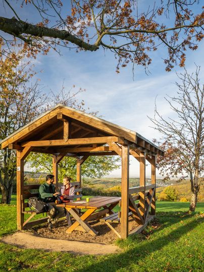 Ein gemütlicher Holzpavillon in der Natur, umgeben von Bäumen und einer Wiese. Zwei Personen sitzen an einem Tisch und genießen die Aussicht.
