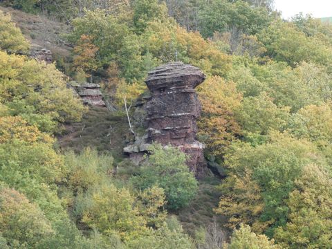 Ein auffälliger Felsen steht inmitten von herbstlichen Bäumen. Die umgebende Landschaft ist grün und bunt, typisch für die Jahreszeit.