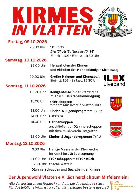 Ein Veranstaltungsplakat für die Kirmes in Vlatten. Es zeigt Termine und Aktivitäten von Freitag bis Montag mit verschiedenen Programmpunkten wie Partys, Gottesdiensten und Kinderveranstaltungen.