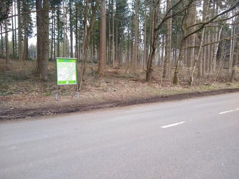 Ein Schilderbaum steht am Straßenrand in einem Waldgebiet. Die Umgebung ist ruhig und grün, mit Bäumen im Hintergrund.