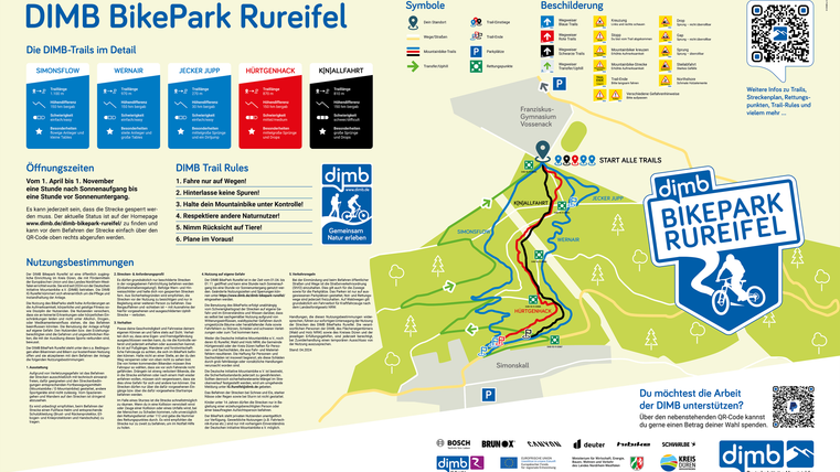 Eine Karte des DIMB BikePark Rureifel mit verschiedenen Trails und Informationen. Die Karte zeigt die Streckenverläufe und wichtige Hinweise für Radfahrer.