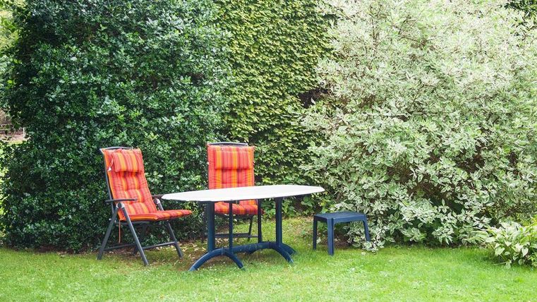 Ein schöner Garten mit einem Tisch und zwei Stühlen in lebhaften Farben. Umgeben von grünen Sträuchern und Rasen.
