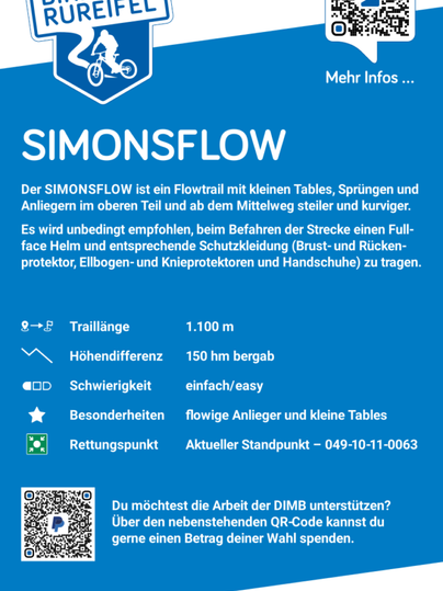 Ein Informationsplakat über die Bikestrecke "SIMONSFLOW" im Bikepark Rureifel. Es enthält Details zu Trail-Länge, Höhenunterschieden und Sicherheitshinweisen für Biker.