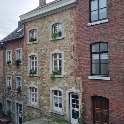 Historische Häuser aus Stein und Ziegel mit Fenstern und Pflanzen sind zu sehen. Die charmante Architektur strahlt einen nostalgischen Charakter aus.