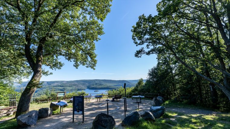 Ein Aussichtspunkt mit Blick auf einen See, umgeben von Bäumen. Der Himmel ist klar und der Bereich ist mit Steinen und Pfaden gestaltet.