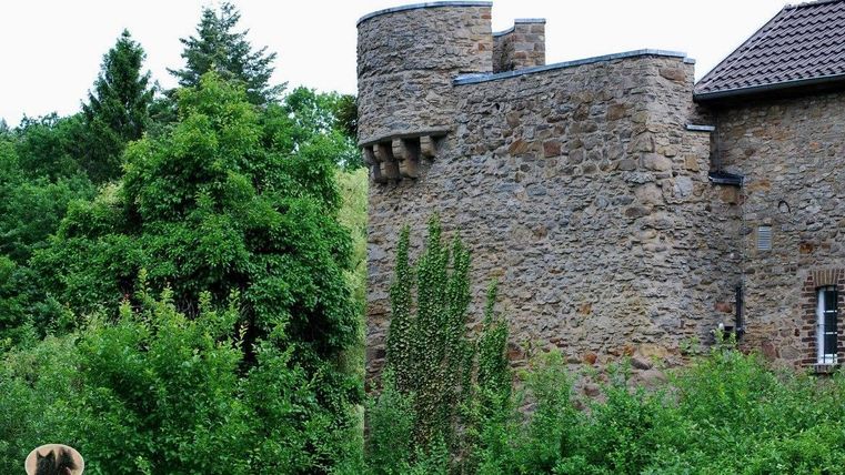 Ein alter Steinbau mit einem runden Turm, umgeben von üppigem Grün. Die Landschaft ist ruhig und natürlich.