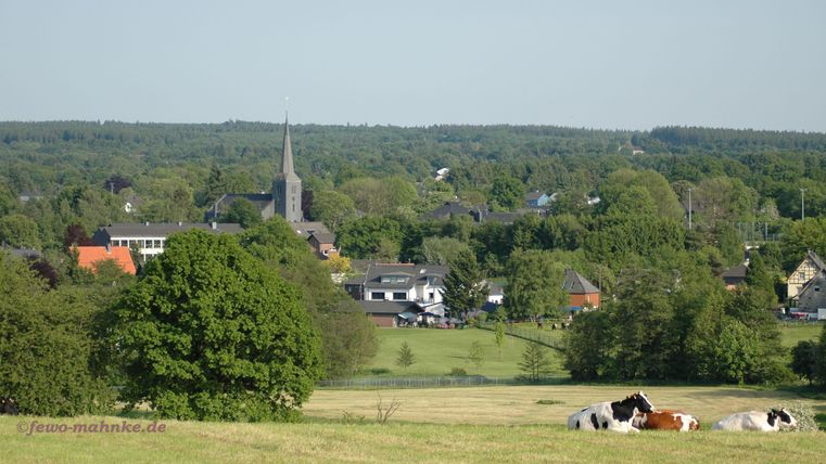 Eine malerische Landschaft mit grünen Wiesen und verstreuten Häusern. Im Hintergrund steht eine Kirche unter einem klaren Himmel.