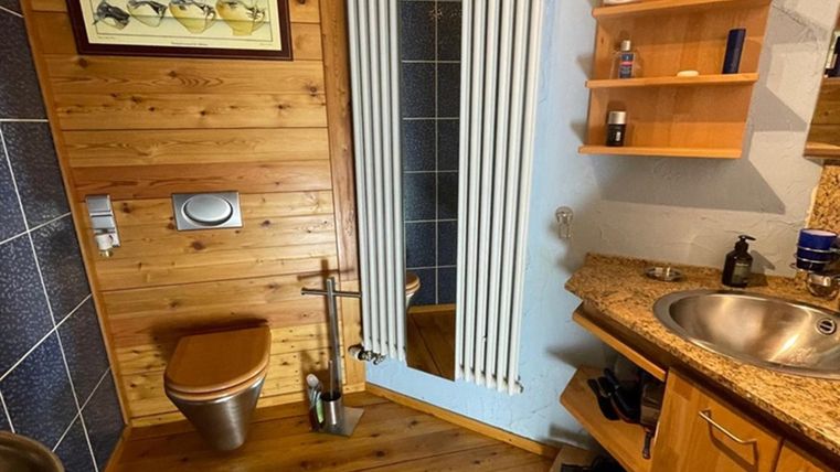 Ein modernes Badezimmer mit Holzverkleidung und einer Dusche. Es gibt ein Waschbecken, eine Toilette und Regale mit Pflegeprodukten.