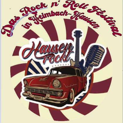 Ein bunte Illustration für das Rock n' Roll Festival in Heimbach-Hausen. Ein rotes Auto und ein Mikrofon sind prominent dargestellt.