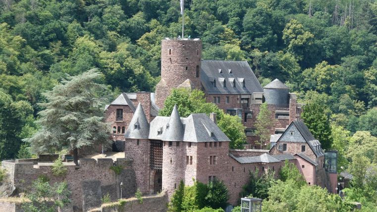 Eine malerische Burg umgeben von grünen Wäldern. Die Architektur zeigt mittelalterliche Elemente und einen hohen Turm.