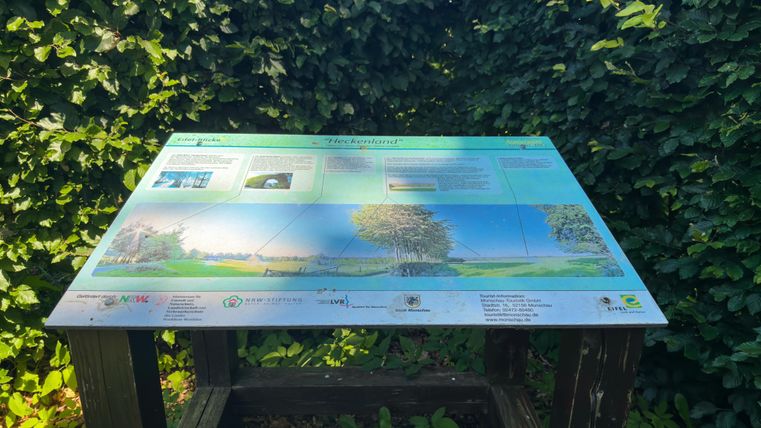 Ein Informationsschild über die Region "Heckenland". Es zeigt eine Beschreibung der Landschaft mit Text und Bildern.