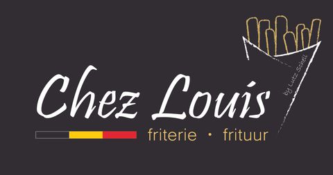 Ein Logo für "Chez Louis", eine Fritterie. Es zeigt Pommes Frites und verwendet die Farben der belgischen Flagge.