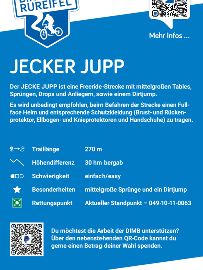Ein Informationsplakat über den Bikepark Rureifel mit dem Fokus auf die Freeride-Strecke "Jecker Jupp". Es enthält Details zu Traillänge, Schwierigkeitsgrad und Sicherheitsvorkehrungen.