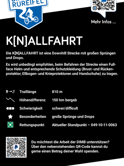 Ein Informationsschild für einen Bikepark zeigt die Details einer Downhill-Strecke namens K[N]ALLFAHRT. Die Strecke ist 810 Meter lang und beinhaltet große Sprünge und Drops, mit Hinweisen zur Sicherheitsausrüstung.