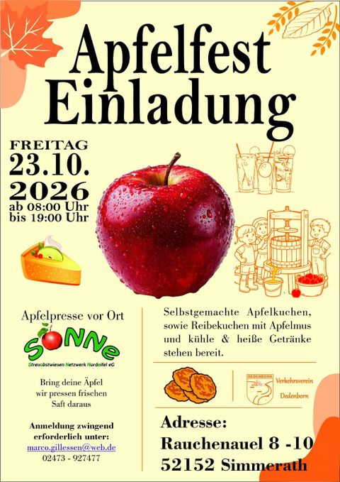 Ein einladendes Plakat für das Apfelfest mit einem großen roten Apfel in der Mitte. Es enthält Informationen über das Datum, die Aktivitäten und die Adresse.