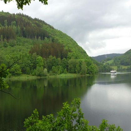 Ein ruhiger See umgeben von grünen Hügeln und Wäldern. Am Ufer fährt ein kleines Boot.