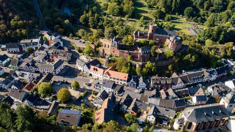 Eine malerische Stadt mit historischen Gebäuden und engen Gassen. Umgeben von einem üppigen Wald und sanften Hügeln.