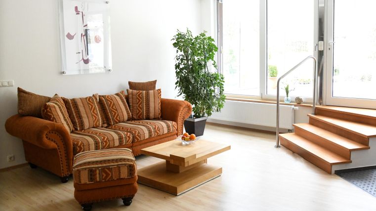 Ein helles Wohnzimmer mit einem gemütlichen orangenen Sofa und einem Couchtisch. Neben dem Sofa steht eine Pflanze und es gibt Fenster, die viel Tageslicht hereinlassen.