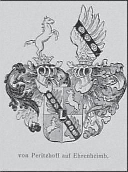 Ein Wappen mit einem Schild, der von zwei Pferden und zwei Adlern flankiert wird. Darunter ist der Schriftzug "von Peritzhoff auf Ehrenbeimb." zu sehen.
