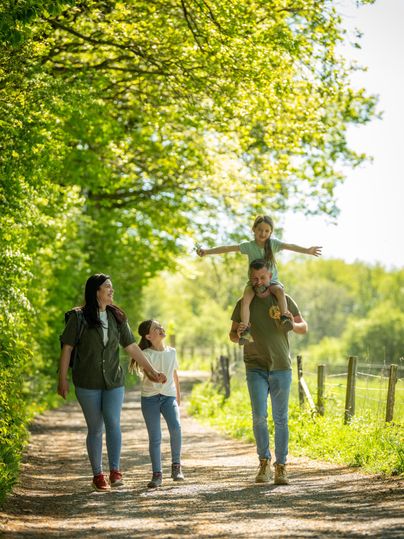 Eine Familie spaziert auf einem schmalen Weg umgeben von Bäumen. Das Wetter ist schön und sonnig, und die Kinder haben Spaß.