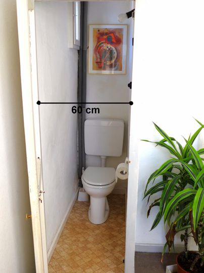 Eine enge Toilette mit einer Breite von 60 cm. Im Hintergrund ist ein Pflanze und ein Kunstwerk an der Wand zu sehen.