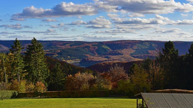 Eine malerische Landschaft mit bunten Herbstbäumen und sanften Hügeln. Der Himmel ist klar mit einigen Wolken und bietet einen schönen Blick auf die Natur.