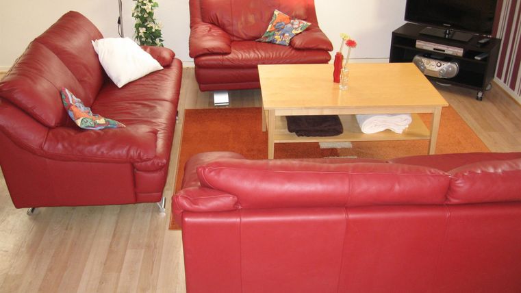Ein modernes Wohnzimmer mit roten Ledersofas und einem hellen Holztisch. Im Hintergrund steht ein Fernseher und eine Pflanze sorgt für einen frischen Akzent.