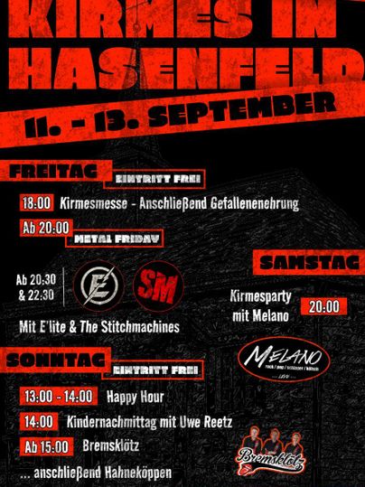Ein Plakat für die Kirmes in Hasenfeld vom 11. bis 13. September. Es zeigt verschiedene Veranstaltungen und Zeiten für Freitag, Samstag und Sonntag.