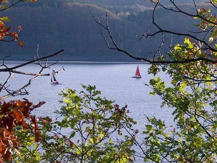 Ein ruhiger See, umgeben von Bäumen, mit zwei Segelbooten auf dem Wasser. Die farbenfrohen Blätter im Vordergrund verleihen der Szene eine herbstliche Atmosphäre.