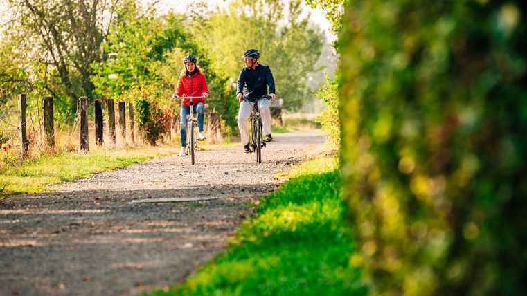 Fahrradfahrende auf einem Feldweg im Kreis Düren