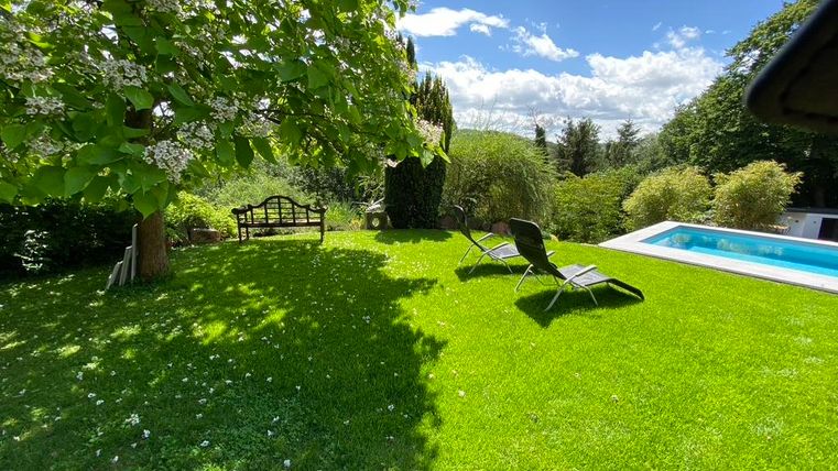 Ein schöner Garten mit grünem Rasen und einer Liegewiese. Im Hintergrund befindet sich ein Pool und einige Bäume.