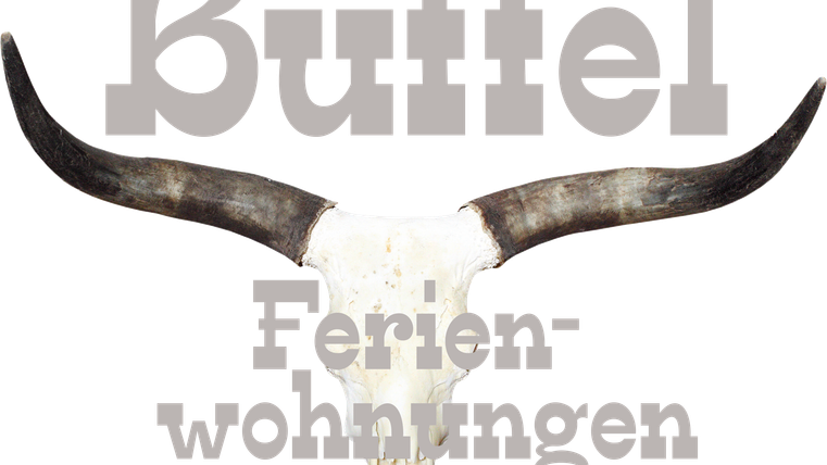 Ein Tierkopf mit großen Hörnern, der als Dekoration dient. Darunter steht der Schriftzug "Büffel Ferienwohnungen".