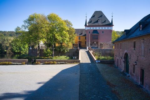 Eine beeindruckende Burg mit Türmen, umgeben von Bäumen und einer klaren blauen Himmelsansicht. Der Zugang zur Burg erfolgt über einen kleinen Weg.