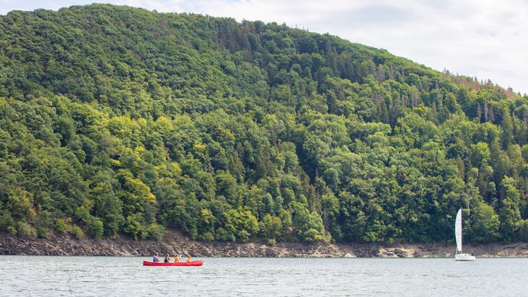 Ein ruhiger See umgeben von grünen Hügeln. Ein rotes Kajak und ein Segelboot sind auf dem Wasser sichtbar.