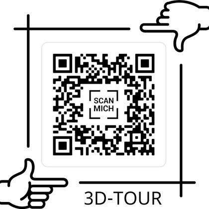 Ein QR-Code, um eine 3D-Tour zu starten. Neben der Aufforderung „Scan mich“ sind zwei Hände, die auf den Code zeigen.