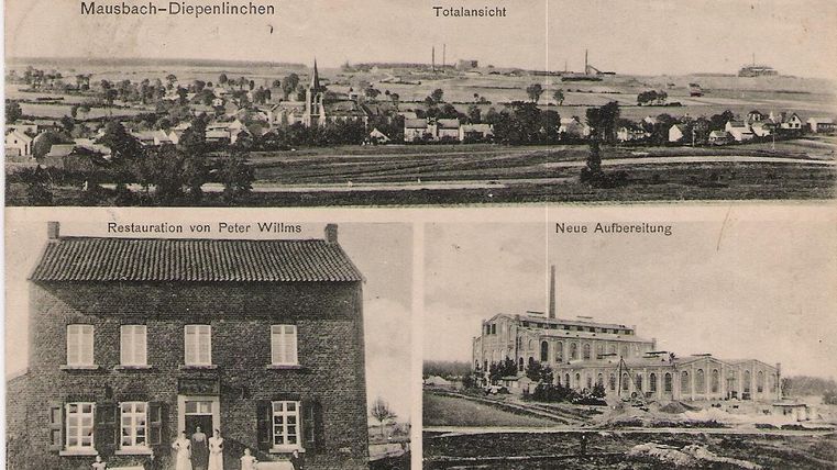 Eine historische Ansicht von Mausbach-Diepenlinchen mit einer Gesamtsicht auf die Landschaft. Unten zeigen die Bilder eine Gaststätte und ein neues Gebäude.
