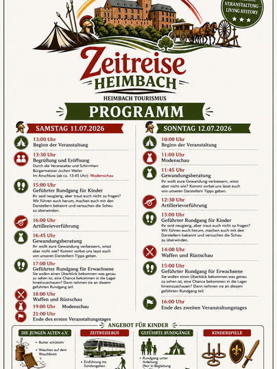 Ein Veranstaltungsprogramm für die Zeitreise in Heimbach. Es zeigt Termine und Aktivitäten für Samstag und Sonntag, einschließlich Kinderangebote.