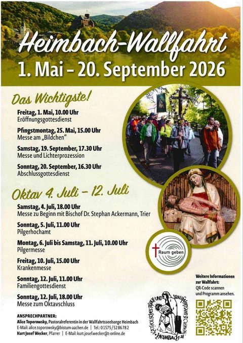Eine Veranstaltungshinweis für die Heimbach-Wallfahrt von 1. Mai bis 20. September 2026. Es sind Termine für Gottesdienste und Prozessionen aufgeführt.