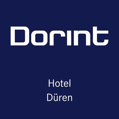Ein einfaches Logo des Dorint Hotels in Düren. Der Hintergrund ist dunkelblau und der Schriftzug ist in Weiß gehalten.