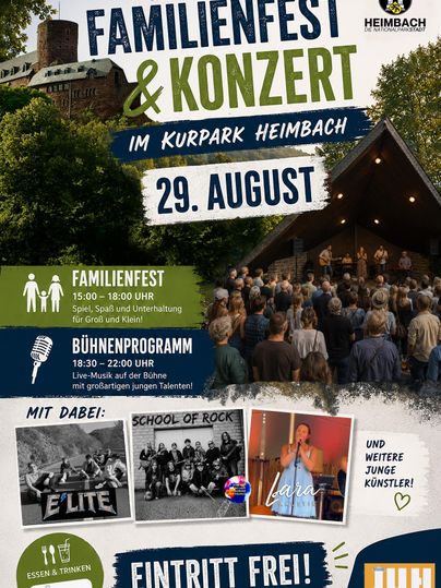Ein Plakat für ein Familienfest und Konzert im Kurpark Heimbach. Das Event findet am 29. August statt und der Eintritt ist frei.