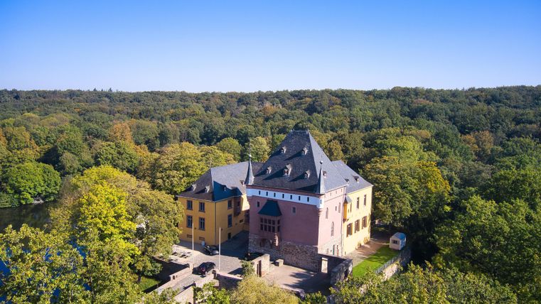Ein historisches Schloss umgeben von dichten, grünen Wäldern. Der Himmel ist klar und sonnig.