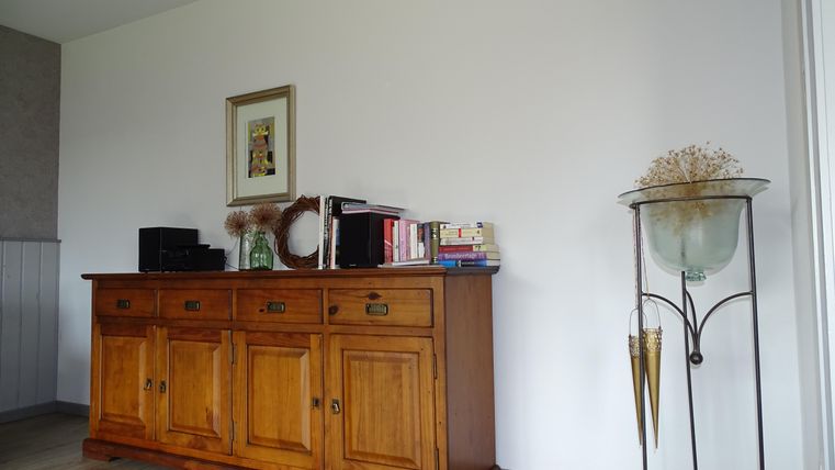 Ein elegantes Holzsideboard steht an einer Wand. Daneben befindet sich eine dekorative Pflanze in einem Glasgefäß.