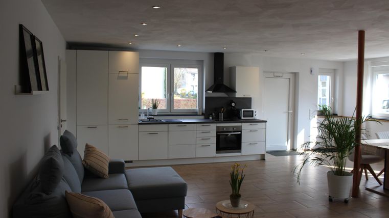 Eine moderne, helle Küche mit einer offenen Wohnbereich. Im Vordergrund steht ein gemütliches Sofa und ein kleiner Tisch mit einer Pflanze.