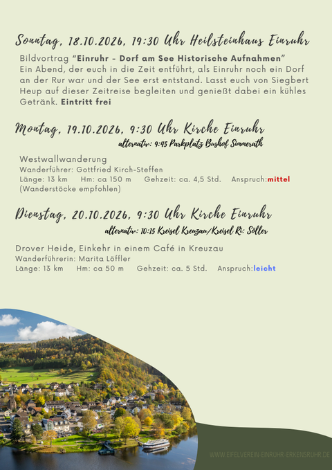 Eine Übersicht von Veranstaltungen mit Daten, Uhrzeiten und Wanderempfehlungen. Auf dem Bild sind eine Karte und Informationen zu Wanderungen und Treffpunkten zu sehen.