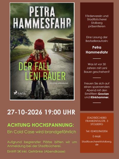 Ein Veranstaltungsplakat für eine Lesung von Petra Hammesfahr. Das Thema ist „Der Fall Leni Bauer“, und die Lesung findet am 27. Oktober 2026 um 19:00 Uhr statt.